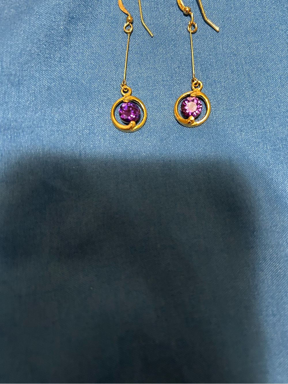 Gold Drop Earrings with Purple Crystal Accent